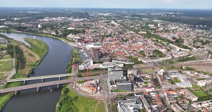Aerial drone video of the city of Venlo, meuse river in the Netherlands.