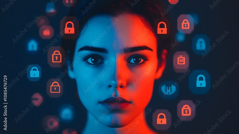 Poster portrait of a woman with digital locks and security icons, representing data protection, cybersecuri