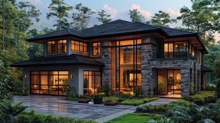 Modern house surrounded by lush greenery at twilight.