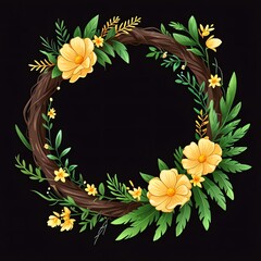 Floral Wreath: A Delightful Composition of Yellow Flowers and Lush Greenery