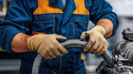 Automotive turbocharger assembly concept. A worker in gloves is assembling or repairing machinery, handling a flexible hose, highlighting industrial maintenance and craftsmanship