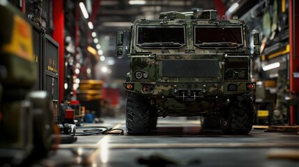 A military vehicle in a workshop, showcasing industrial maintenance and equipment.