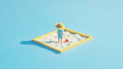 Sandbox with a child holding a small shovel, on a flat soft blue background.