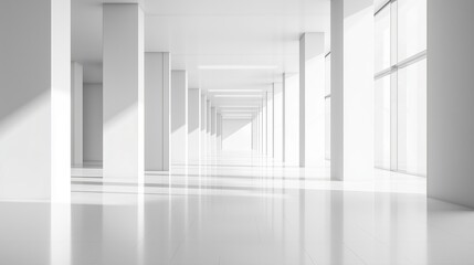 Fototapeta premium Empty high-rise office with clean abstract floors and geometric pillars.
