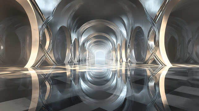 An artistic depiction of an infinite mirror room effect with repeating infinity symbols, creating depth and space. the reflections create a seamless pattern of infinite symbols. Infinite. Illustration