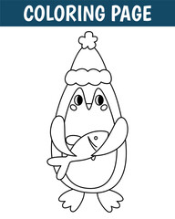 Winter coloring page, cute print with line penguin. Printable worksheet with solution for school and preschool. Vector cartoon illustration.