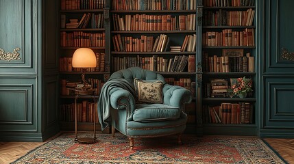 Cozy armchair in a classic library with a warm lamp and bookshelves.