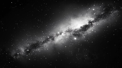 A black and white photograph of the Milky Way galaxy, with stars twinkling in the night sky. The...