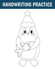 Worksheet for practicing fine kids motor skills. Handwriting practice. Winter educational game for kids. Cute penguin in hat. Vector cartoon illustration.