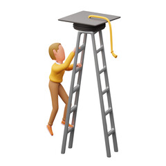 3d illustration of student climbing ladder to graduation cap