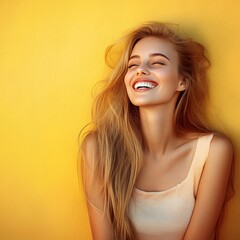 Naklejka premium Portrait of a Beautiful Woman with Long Blonde Hair, Smiling on a Vibrant Yellow Background