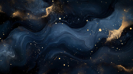 Cosmic abstract background with swirling dark blue nebula and shimmering gold stardust creating sense of infinite space and wonder. Infinite. Illustration