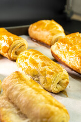 Chocolate rolls made of puff pastry. Dessert. Pastry. Food concept. Puff pastry sticks