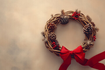 Intricate Christmas wreath featuring delicate weaving pinecone embellishments and festive red ribbons background with empty space for text