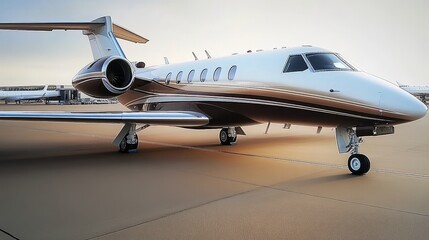 Naklejka premium Luxury Private Jet Parked On Airport Tarmac Under A Golden Hour Sky, Ready For Business Travel