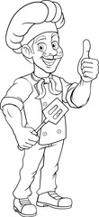 A chef, baker or barbecue cook man giving a thumbs up and holding a BBQ or cooking spatula mascot character illustration