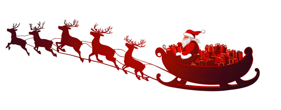 Santa Claus Silhouette in sleigh full of gifts with reindeers. Merry christmas and Happy new year decoration. Vector on transparent background
