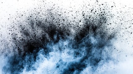 Abstract explosion of black particles and blue smoke on a white background.