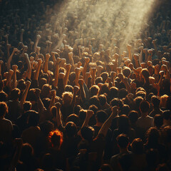 Obraz premium Powerful Image of a Crowd with Raised Fists Symbolizing Protest, Unity, and Collective Action, Perfect for Activism and Social Justice Themes