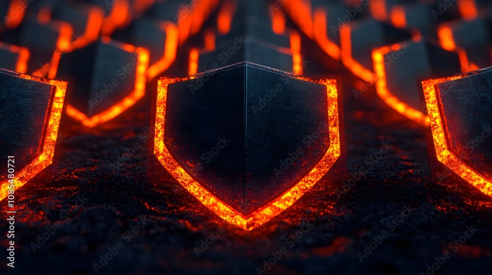Poster A Stunning Visual of 3D Shields Glowing with Fiery Orange Light Surrounded by a Dark, Textured Surface, Creating an Atmosphere of Strength and Protection in Abstract Design