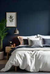 A cozy and modern bedroom with a dark blue accent wall, a large white bed with plush bedding, and a wooden nightstand with a lamp.