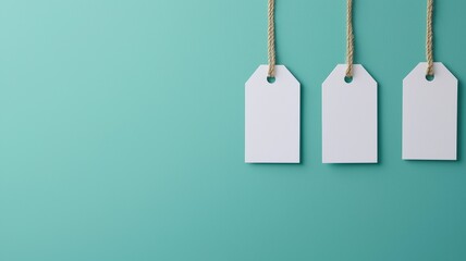Three blank tags hanging against a teal background, suitable for labeling or pricing items in a minimalist style.