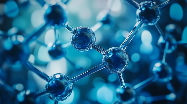 Blue background with a complex carbon metal structure, close-up of carbon molecules in the foreground, stock photo style