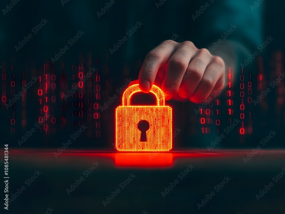 Aufkleber Digital Security Concept with a Human Hand Touching a Glowing Red Lock Icon Surrounded by Matrix Style Binary Numbers and Symbols Representing Cyber Protection