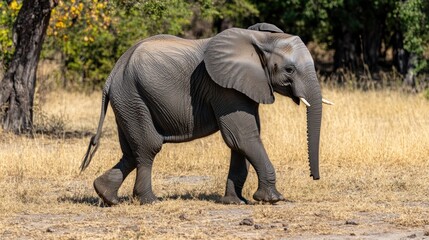 Fototapeta premium A solitary elephant walking through a dry, grassy landscape under a clear sky.