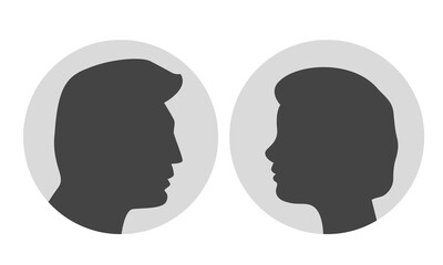 Default man and woman profile icon set. Black silhouette in gray circle. Vector illustration