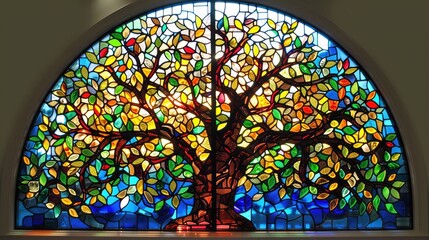 Colorful stained glass window tree in the foreground