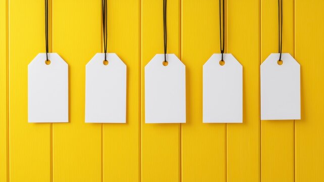 A row of blank white tags hanging on a vibrant yellow wooden background, ideal for labeling or creating custom designs.