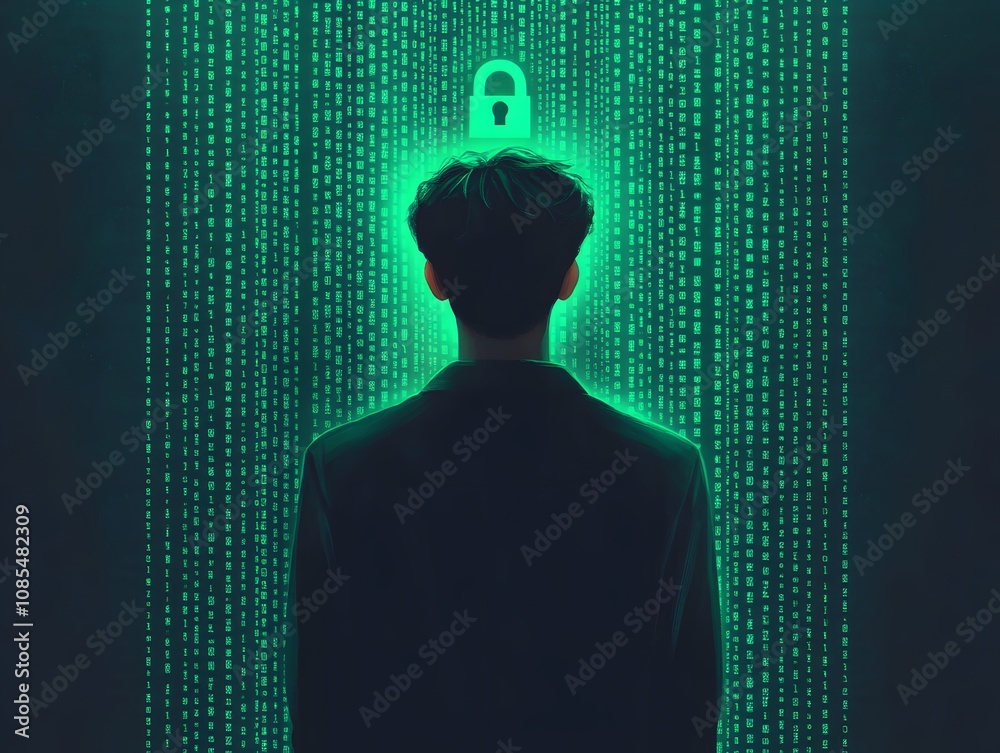 Fototapete Mysterious Figure in Dark Suit Facing Digital Code and Lock Icon Representing Cybersecurity and Data Protection in a Futuristic Environment