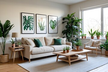 Fototapeta premium Eco-friendly living room with beige sofa, table, green plants, and natural light from the windows.
