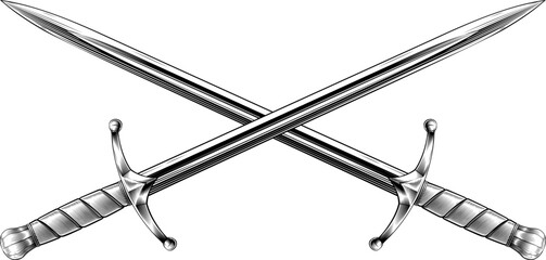 Illustration of two crossed medieval swords. Original illustration in a vintage retro engraving woodcut style. Suitable for use in heraldry