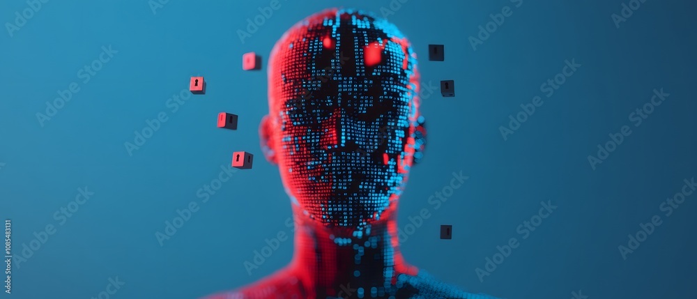 Aufkleber Futuristic 3D Render of a Digital Human Figure Surrounded by Floating Pixels Representing Artificial Intelligence and Technology Concepts in Vibrant Colors