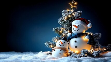 Obraz premium Festive Snowmen with Illuminated Christmas Tree in Winter Wonderland Holiday Decor Family Gathering Joyful Atmosphere Close-Up View