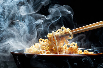 Noodles in wooden sticks isolated on black background. Noodles with steam.