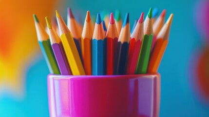 Colorful Pencils in a Pink Container