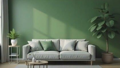 A modern living room with a gray sofa, wooden coffee table, and potted plant in the background against a green wall
