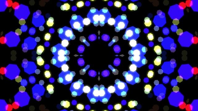 Symmetrical abstract pattern with glowing blue, purple, and yellow heptagonal bokeh lights in a kaleidoscopic floral composition on a dark background.