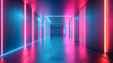 Colorful neon lights illuminate a futuristic hallway at night