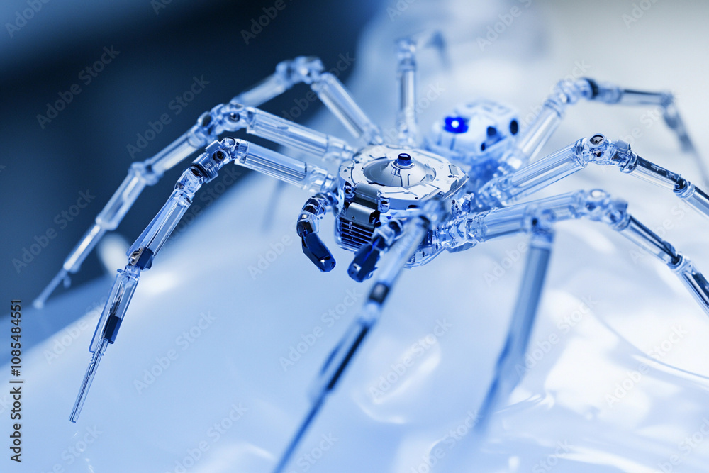Poster Robot spider crawling on a smooth surface in a futuristic lab