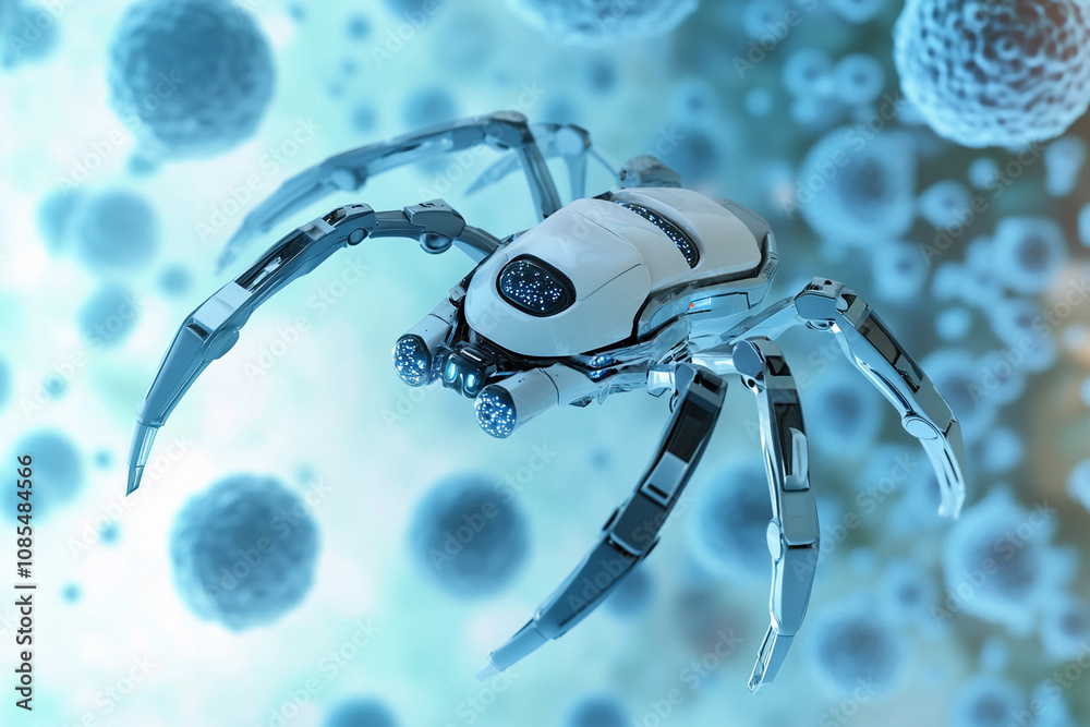 Poster detailed robotic spider exploring microscopic environment