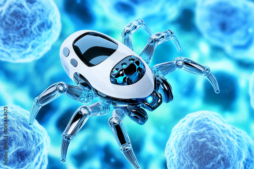 Poster futuristic robotic spider exploring microscopic environment