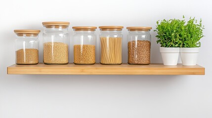 A modern kitchen shelf displaying five glass jars filled with assorted grains and a small potted plant, adding a touch of greenery.