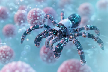 Robot spider exploring microscopic world of cells at dawn