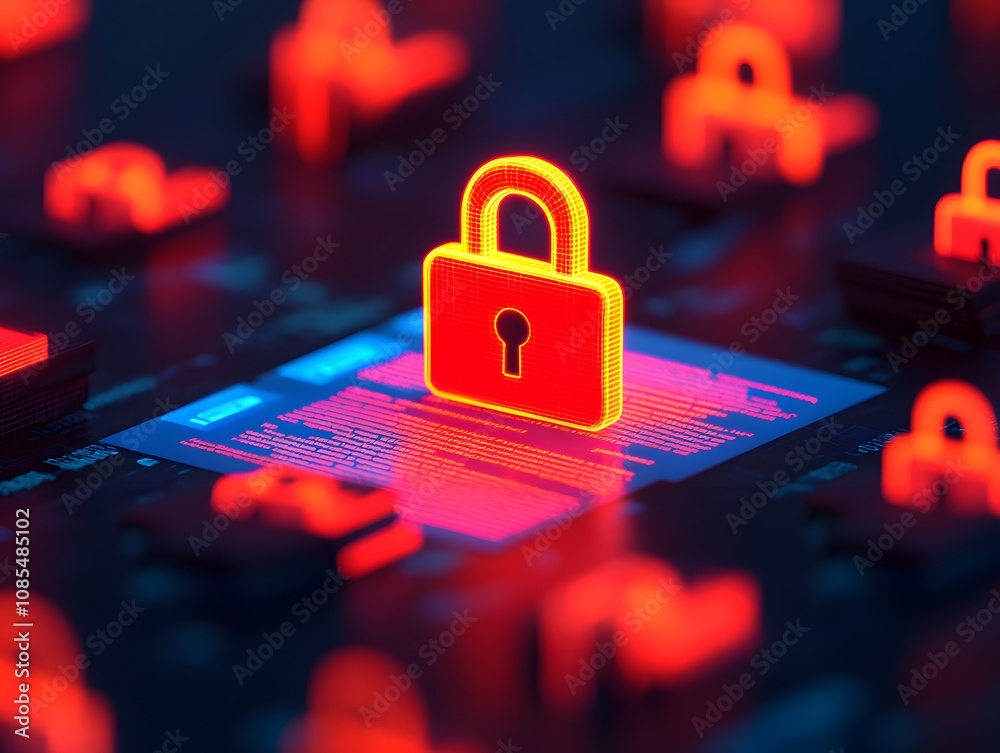 Aufkleber Digital Security Concept with Illuminated Red Lock Symbol Surrounded by Data on a Technology-Themed Background Representing Cybersecurity and Protection Against Threats