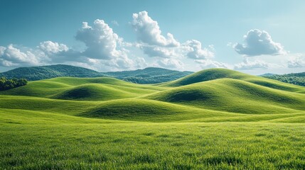 Fototapeta premium Lush green hills under a bright sky with fluffy clouds.