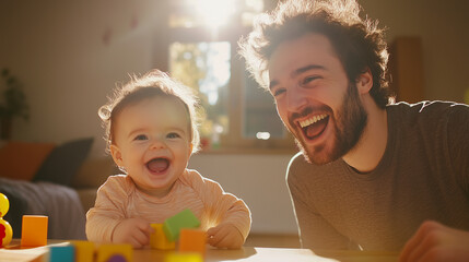 A young dad making a silly face as he hands his baby a wooden block, both laughing together in a sunlit living room with colorful toys scattered around.